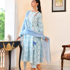 (Vaasva) Women Blue cotton anarkali suit with cotton pant & dupatta (Set of 5pc)