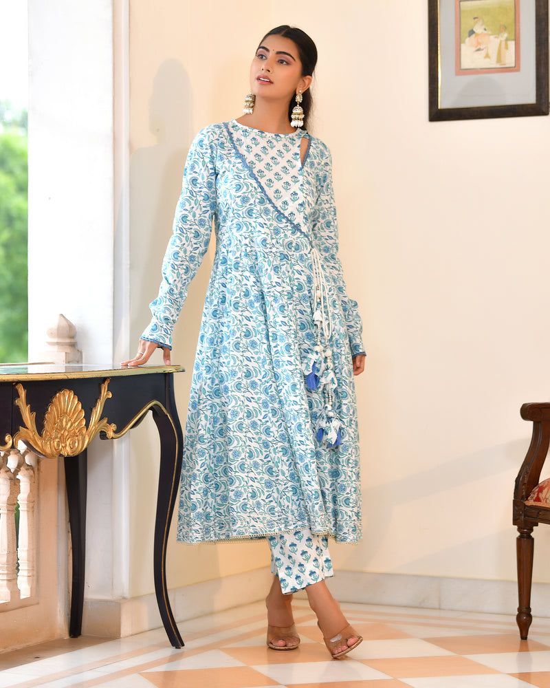 (Vaasva) Women Blue cotton anarkali suit with cotton pant & dupatta (Set of 5pc)
