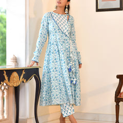 (Vaasva) Women Blue cotton anarkali suit with cotton pant & dupatta (Set of 5pc)