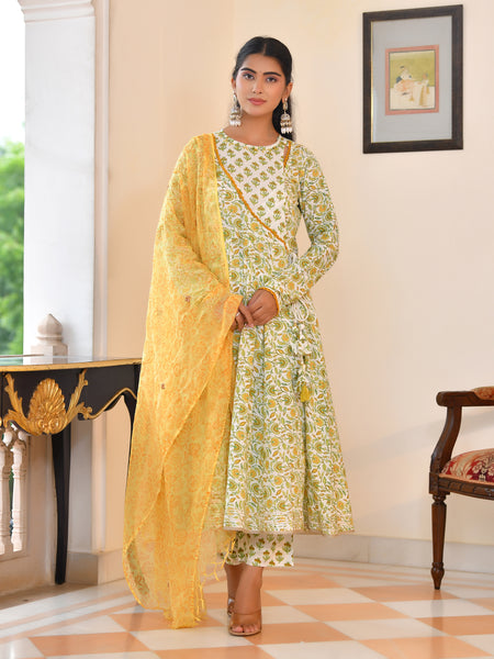 (Vaasva) Women green cotton anarkali suit with cotton pant & dupatta (Set of 5pc)
