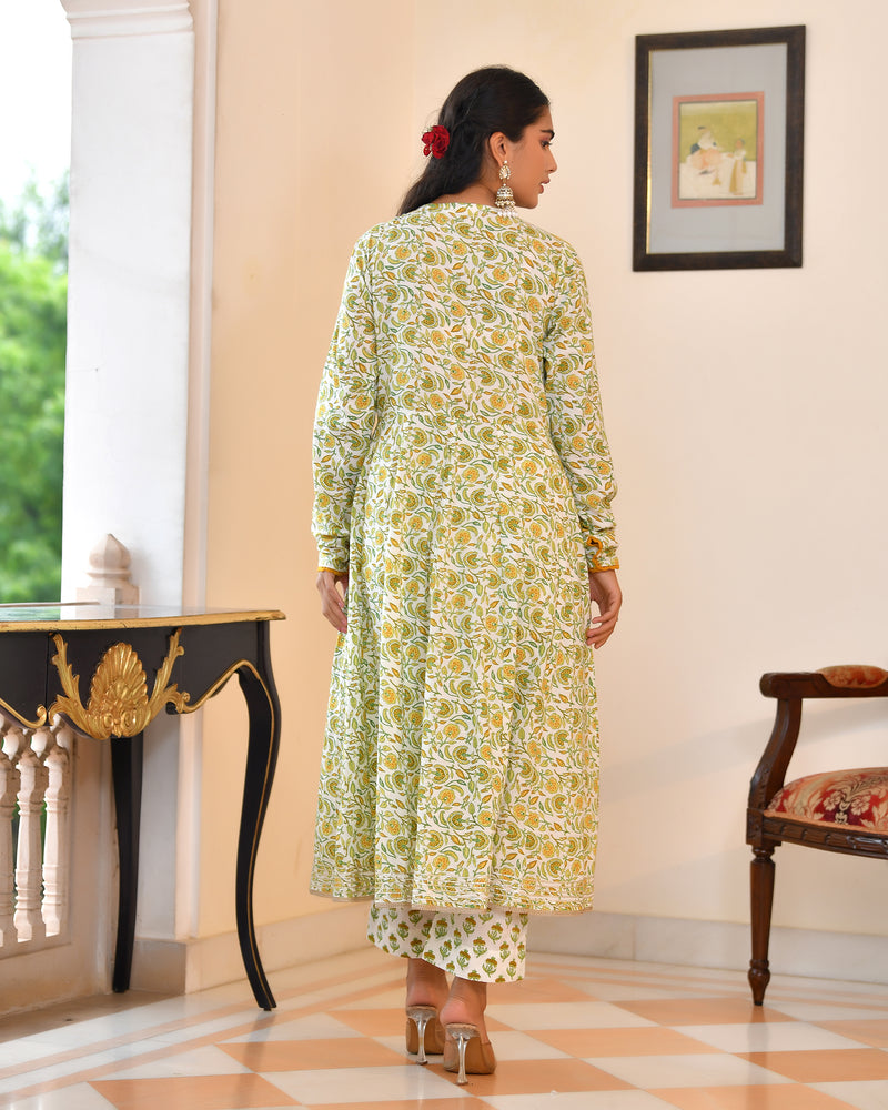 (Vaasva) Women green cotton anarkali suit with cotton pant & dupatta (Set of 5pc)