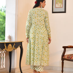 (Vaasva) Women green cotton anarkali suit with cotton pant & dupatta (Set of 5pc)