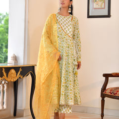 (Vaasva) Women green cotton anarkali suit with cotton pant & dupatta (Set of 5pc)