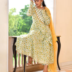 (Vaasva) Women green cotton anarkali suit with cotton pant & dupatta (Set of 5pc)