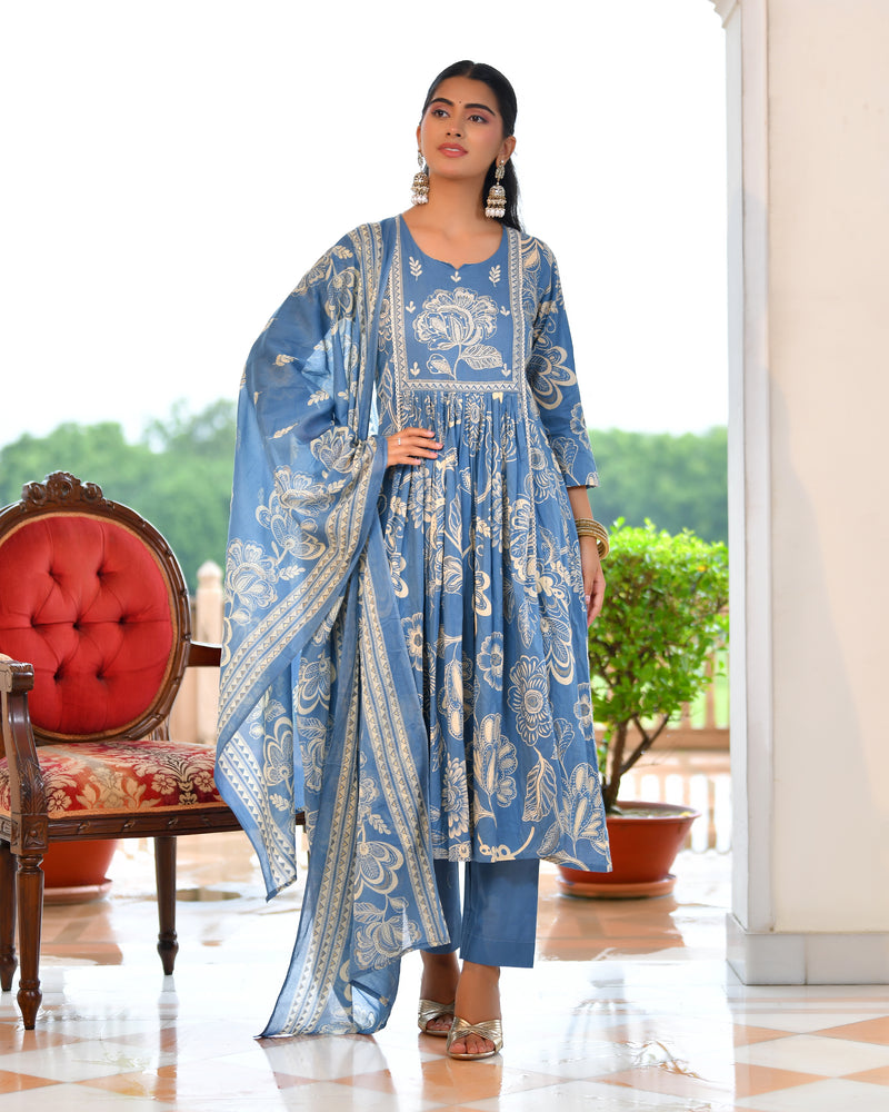 (Vaasva) Women blue cotton aline suit with cotton pant & dupatta (Set of 5pc)