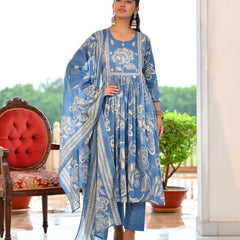 (Vaasva) Women blue cotton aline suit with cotton pant & dupatta (Set of 5pc)