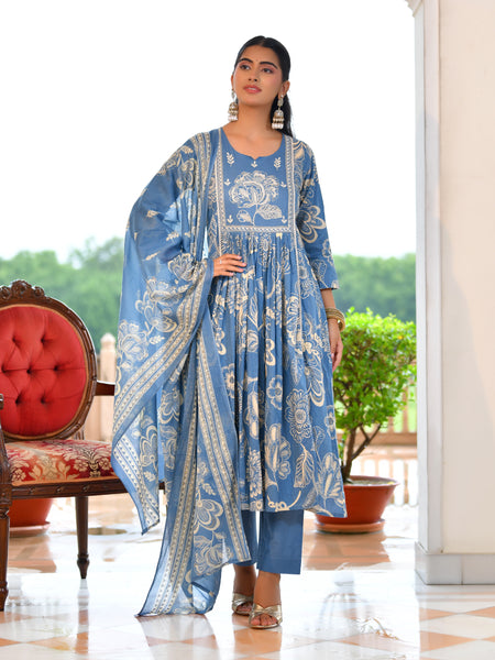 (Vaasva) Women blue cotton aline suit with cotton pant & dupatta (Set of 5pc)