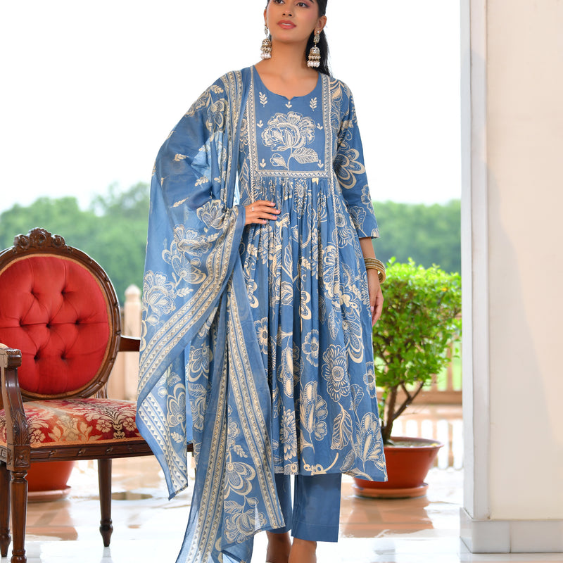 (Vaasva) Women blue cotton aline suit with cotton pant & dupatta (Set of 5pc)