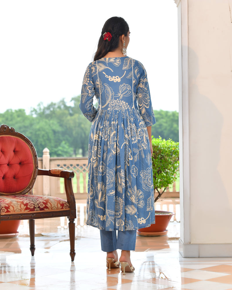 (Vaasva) Women blue cotton aline suit with cotton pant & dupatta (Set of 5pc)