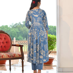 (Vaasva) Women blue cotton aline suit with cotton pant & dupatta (Set of 5pc)