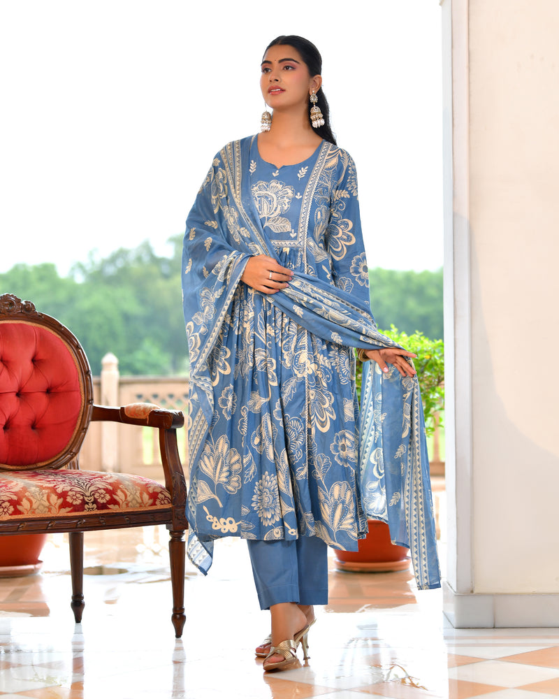 (Vaasva) Women blue cotton aline suit with cotton pant & dupatta (Set of 5pc)