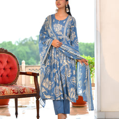 (Vaasva) Women blue cotton aline suit with cotton pant & dupatta (Set of 5pc)