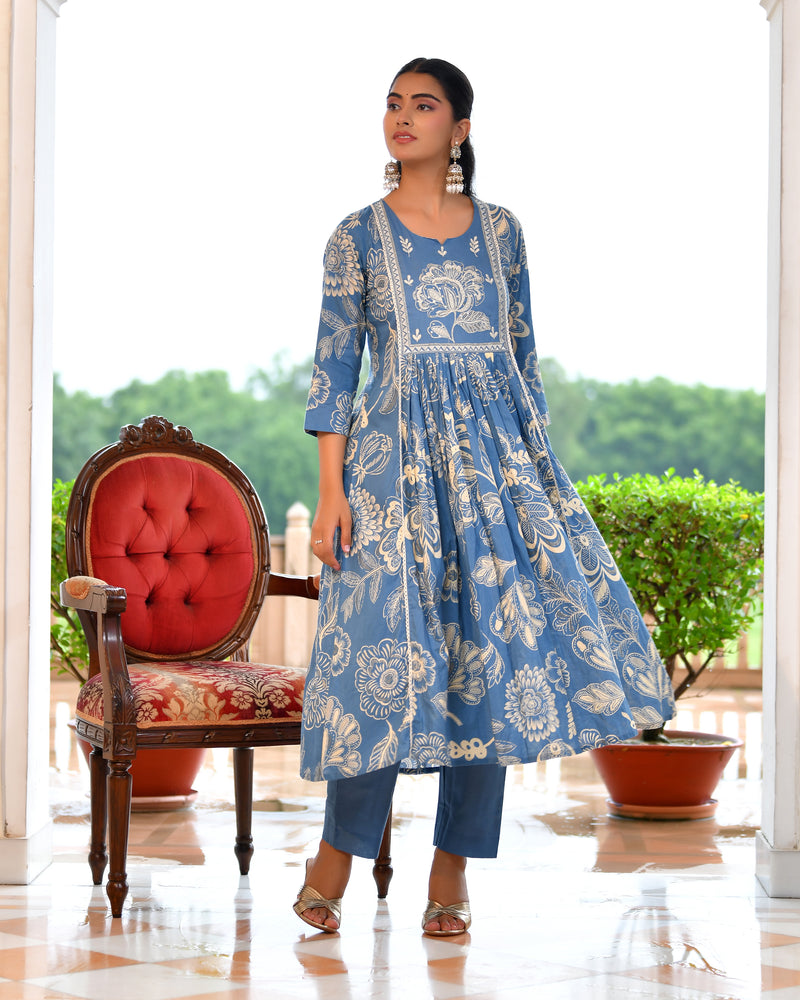 (Vaasva) Women blue cotton aline suit with cotton pant & dupatta (Set of 5pc)