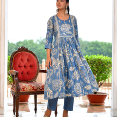 (Vaasva) Women blue cotton aline suit with cotton pant & dupatta (Set of 5pc)
