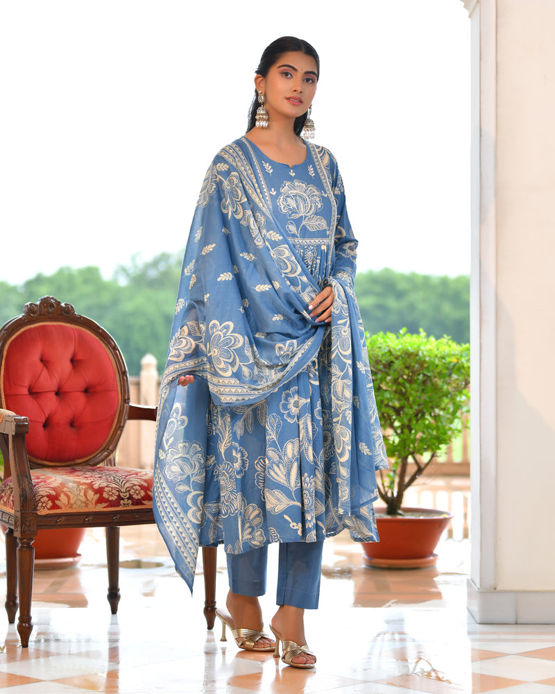 (Vaasva) Women blue cotton aline suit with cotton pant & dupatta (Set of 5pc)