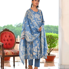 (Vaasva) Women blue cotton aline suit with cotton pant & dupatta (Set of 5pc)