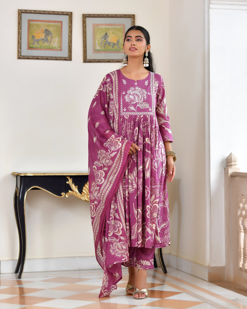 (Vaasva) Women purple cotton aline suit with cotton pant & dupatta (Set of 5pc)