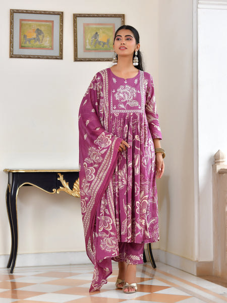 (Vaasva) Women purple cotton aline suit with cotton pant & dupatta (Set of 5pc)