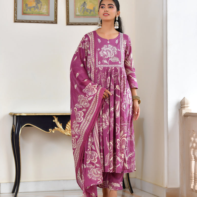 (Vaasva) Women purple cotton aline suit with cotton pant & dupatta (Set of 5pc)