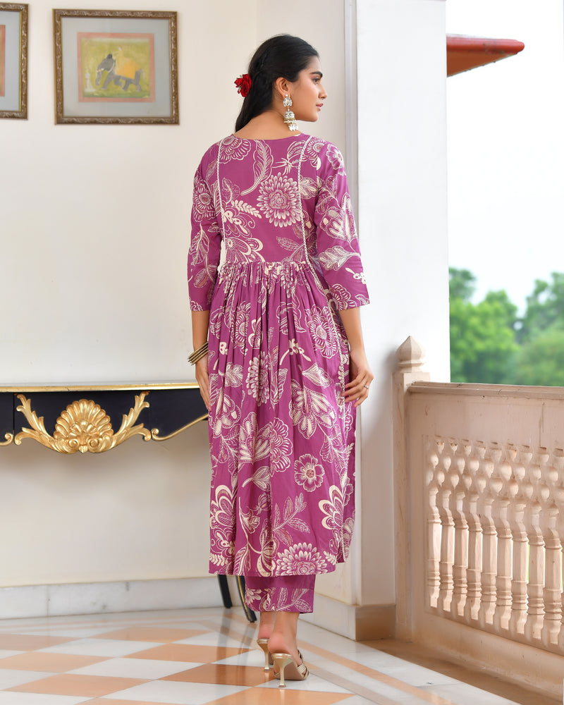 (Vaasva) Women purple cotton aline suit with cotton pant & dupatta (Set of 5pc)
