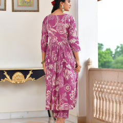 (Vaasva) Women purple cotton aline suit with cotton pant & dupatta (Set of 5pc)