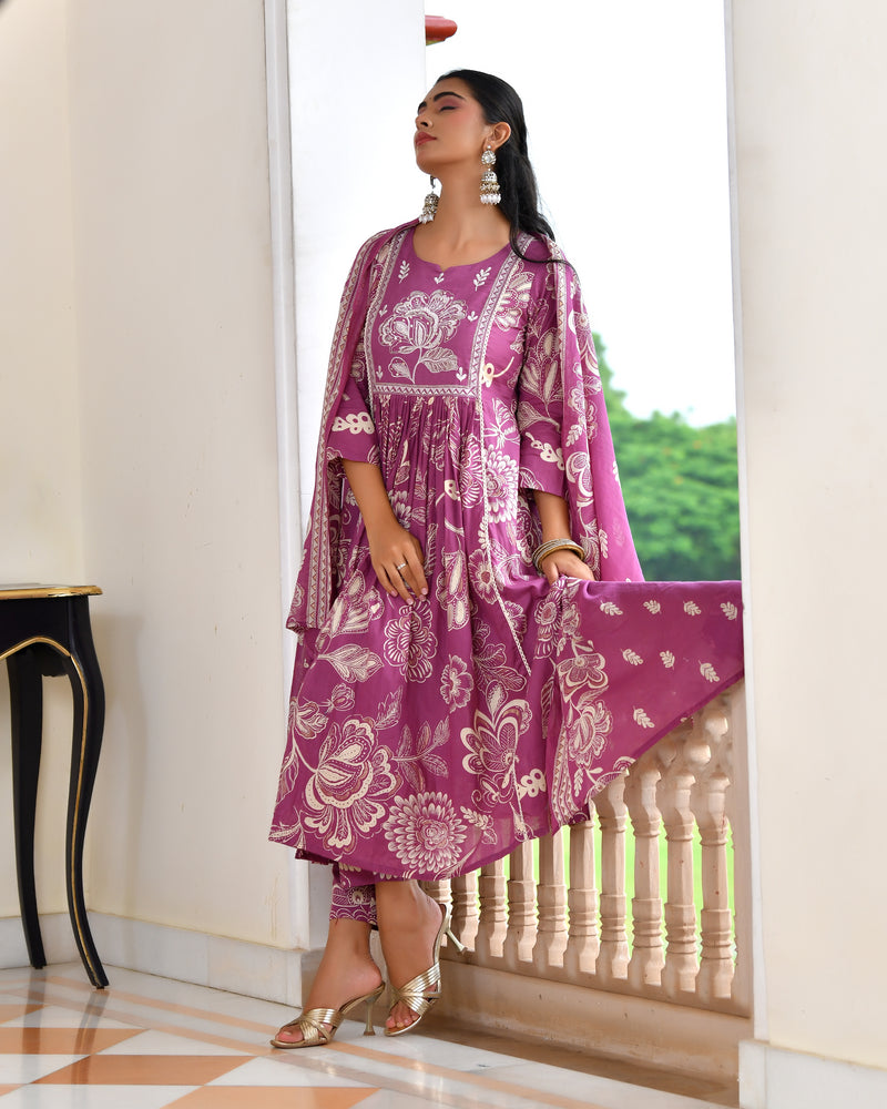 (Vaasva) Women purple cotton aline suit with cotton pant & dupatta (Set of 5pc)