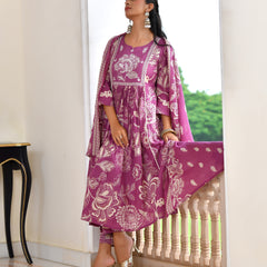 (Vaasva) Women purple cotton aline suit with cotton pant & dupatta (Set of 5pc)