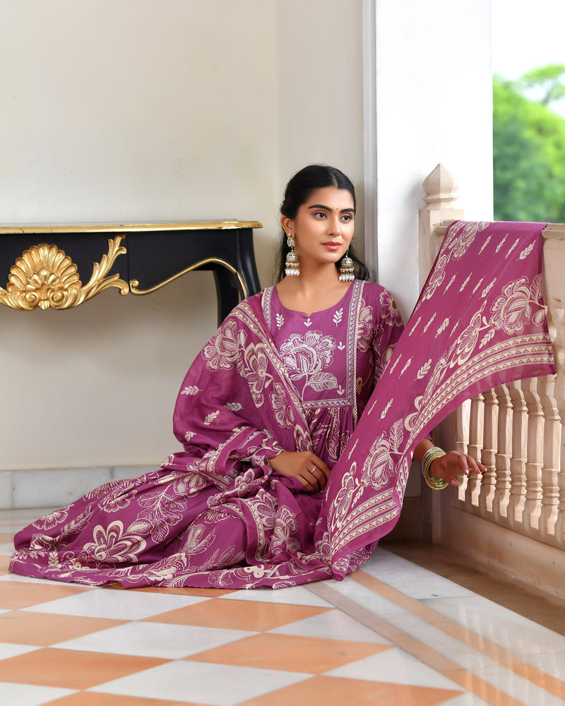 (Vaasva) Women purple cotton aline suit with cotton pant & dupatta (Set of 5pc)