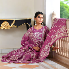 (Vaasva) Women purple cotton aline suit with cotton pant & dupatta (Set of 5pc)