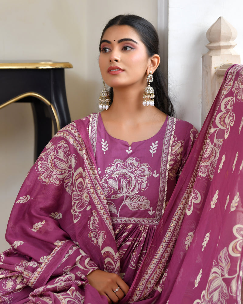 (Vaasva) Women purple cotton aline suit with cotton pant & dupatta (Set of 5pc)