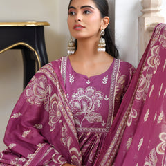 (Vaasva) Women purple cotton aline suit with cotton pant & dupatta (Set of 5pc)