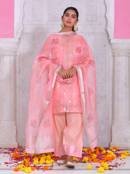 (Vaasva) Women blush chanderi kurta with farshi pant & dupatta (Set of 5pc)