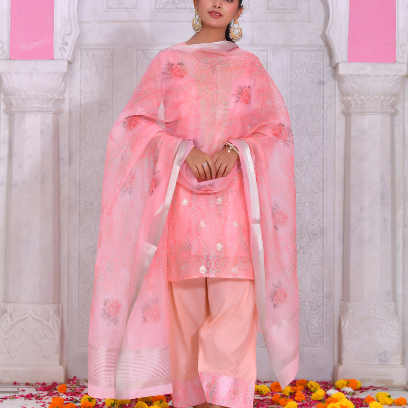 (Vaasva) Women blush chanderi kurta with farshi pant & dupatta (Set of 5pc)