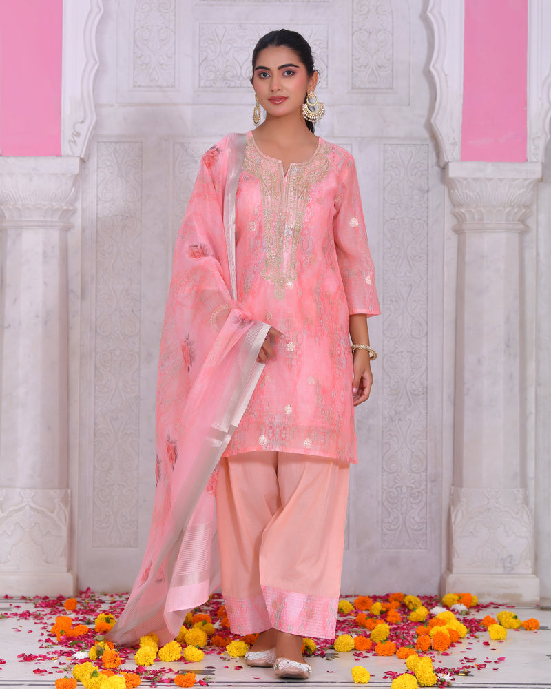 (Vaasva) Women blush chanderi kurta with farshi pant & dupatta (Set of 5pc)