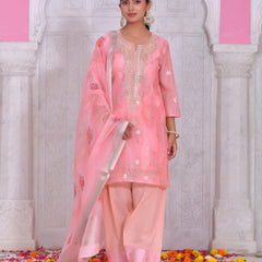(Vaasva) Women blush chanderi kurta with farshi pant & dupatta (Set of 5pc)