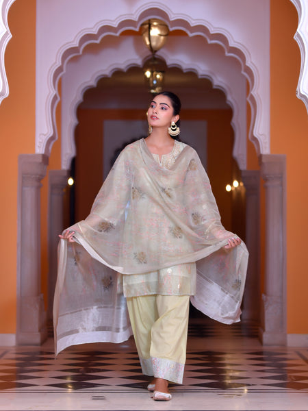 (Vaasva) Women blue chanderi kurta with farshi pant & dupatta (Set of 5pc)