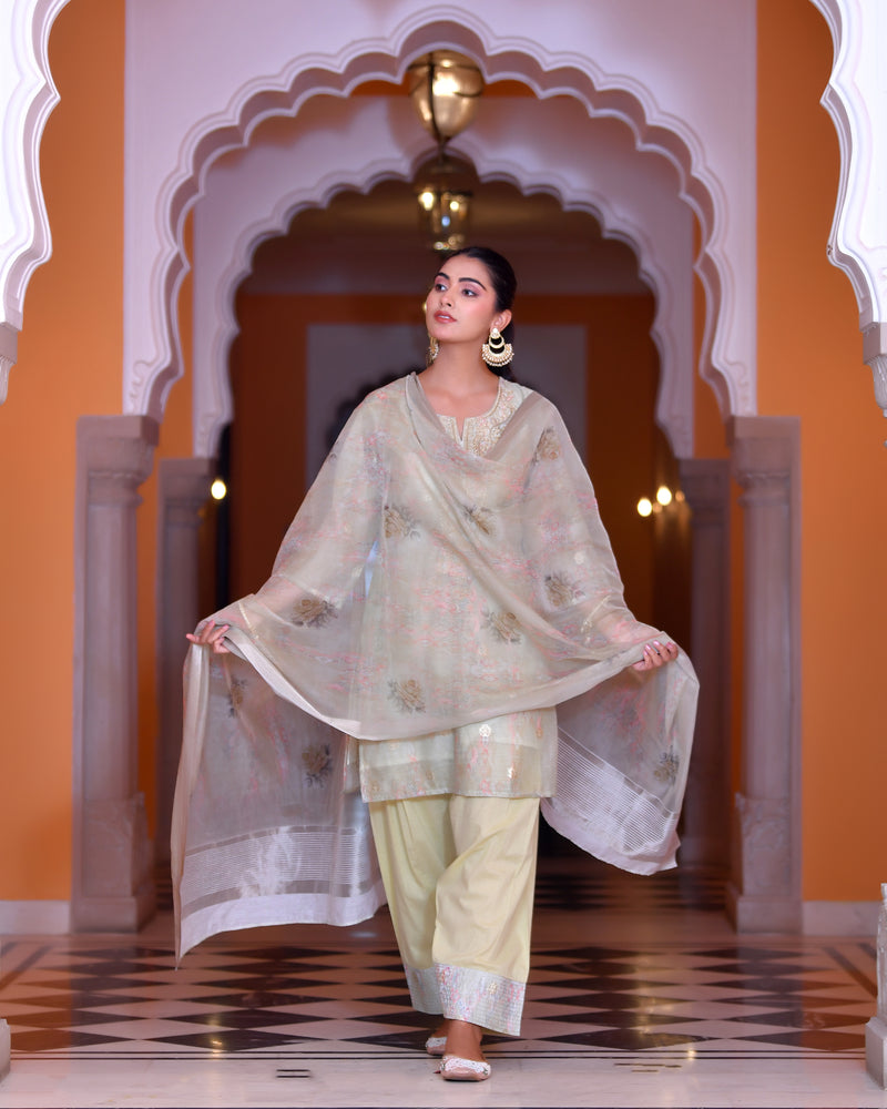 (Vaasva) Women blue chanderi kurta with farshi pant & dupatta (Set of 5pc)