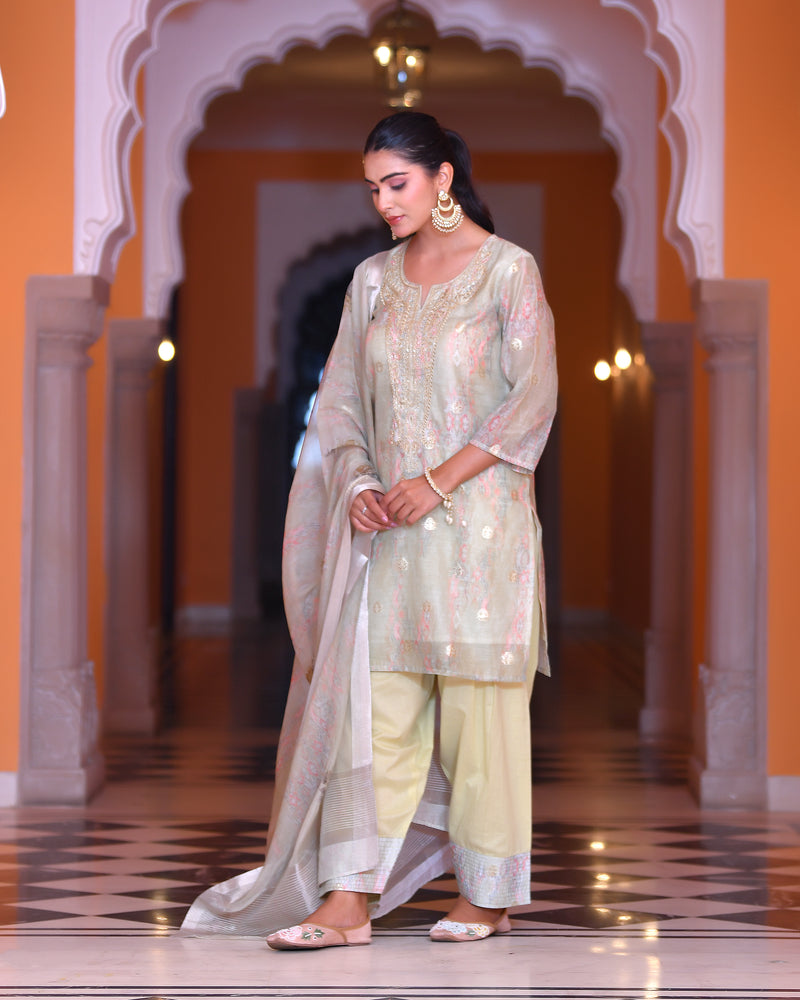 (Vaasva) Women blue chanderi kurta with farshi pant & dupatta (Set of 5pc)