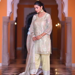 (Vaasva) Women blue chanderi kurta with farshi pant & dupatta (Set of 5pc)