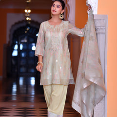 (Vaasva) Women blue chanderi kurta with farshi pant & dupatta (Set of 5pc)