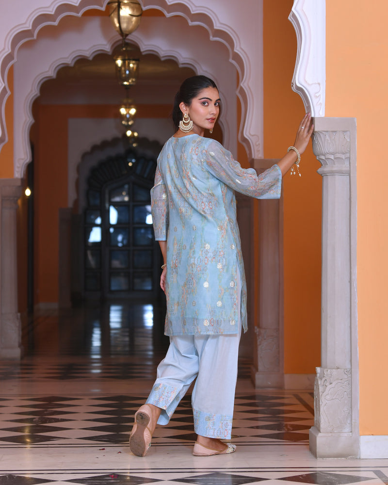 (Vaasva) Women yellow chanderi kurta with farshi pant & dupatta (Set of 5pc)