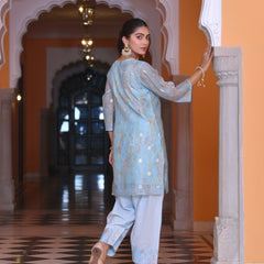 (Vaasva) Women yellow chanderi kurta with farshi pant & dupatta (Set of 5pc)