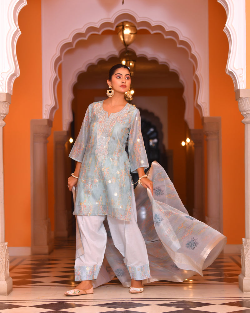 (Vaasva) Women yellow chanderi kurta with farshi pant & dupatta (Set of 5pc)