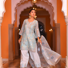 (Vaasva) Women yellow chanderi kurta with farshi pant & dupatta (Set of 5pc)