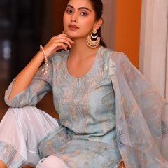 (Vaasva) Women yellow chanderi kurta with farshi pant & dupatta (Set of 5pc)