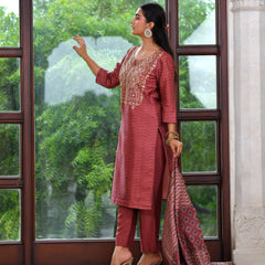 (Vaasva) Women brown silk embroidered  suit set & printed dupatta (Set of 5pc)