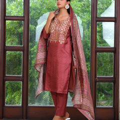(Vaasva) Women brown silk embroidered  suit set & printed dupatta (Set of 5pc)