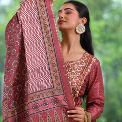 (Vaasva) Women brown silk embroidered  suit set & printed dupatta (Set of 5pc)