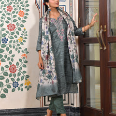 (Vaasva) Women mustard silk embroidered  suit set & printed dupatta (Set of 5pc)