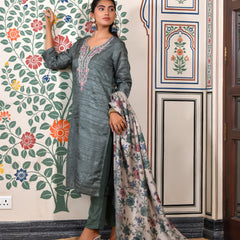 (Vaasva) Women mustard silk embroidered  suit set & printed dupatta (Set of 5pc)
